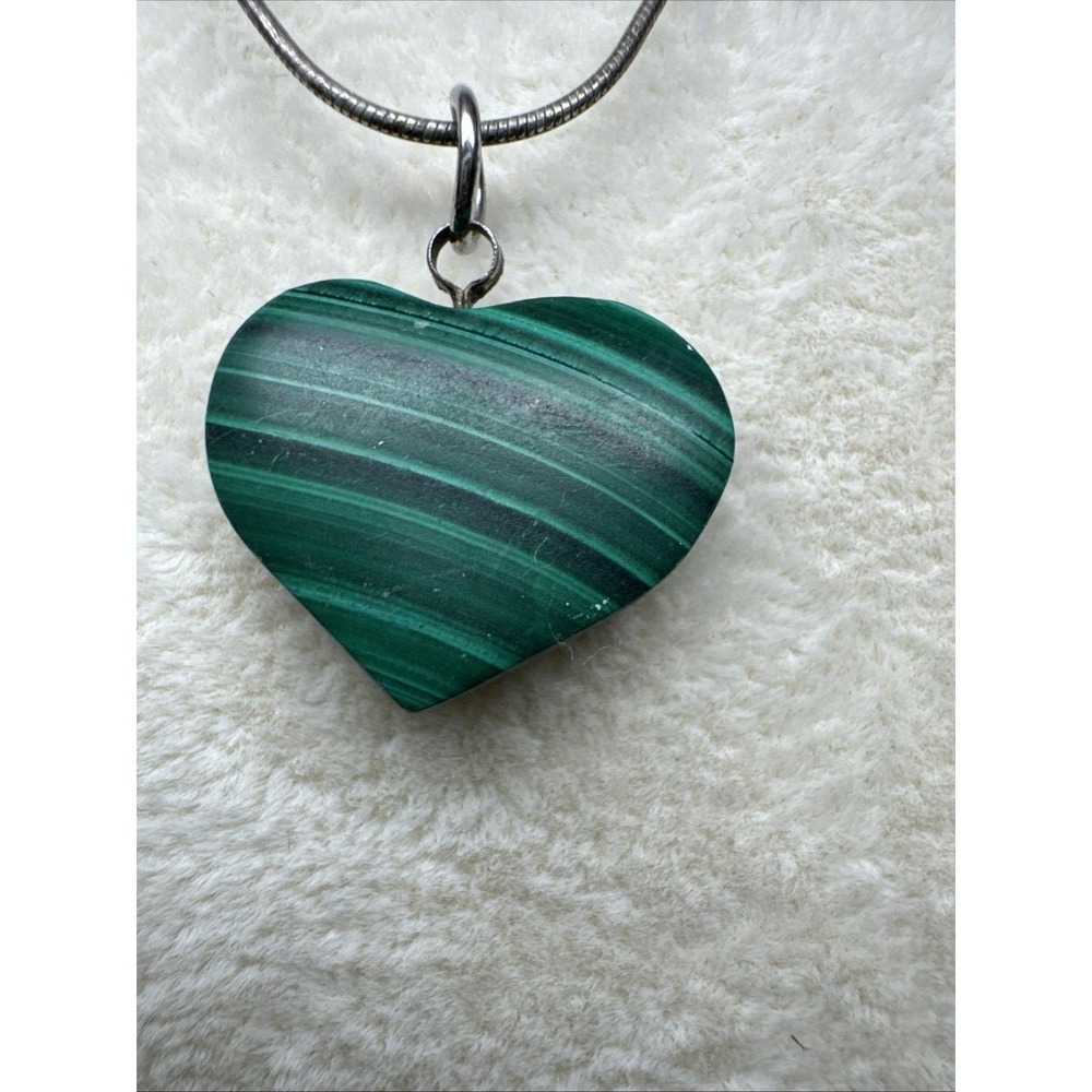 VTG Malachite Green Puffy Stone Heart Pendant 16" Sterling Chain Italy